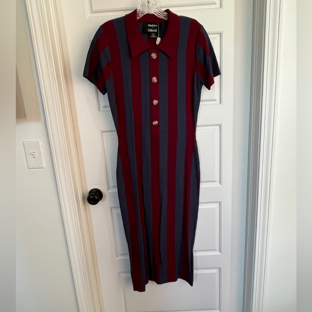 MAYA COLLECTIF RETRO KNITTED PENCIL DRESS WINE/BLUE STRIPES Sz 10 L